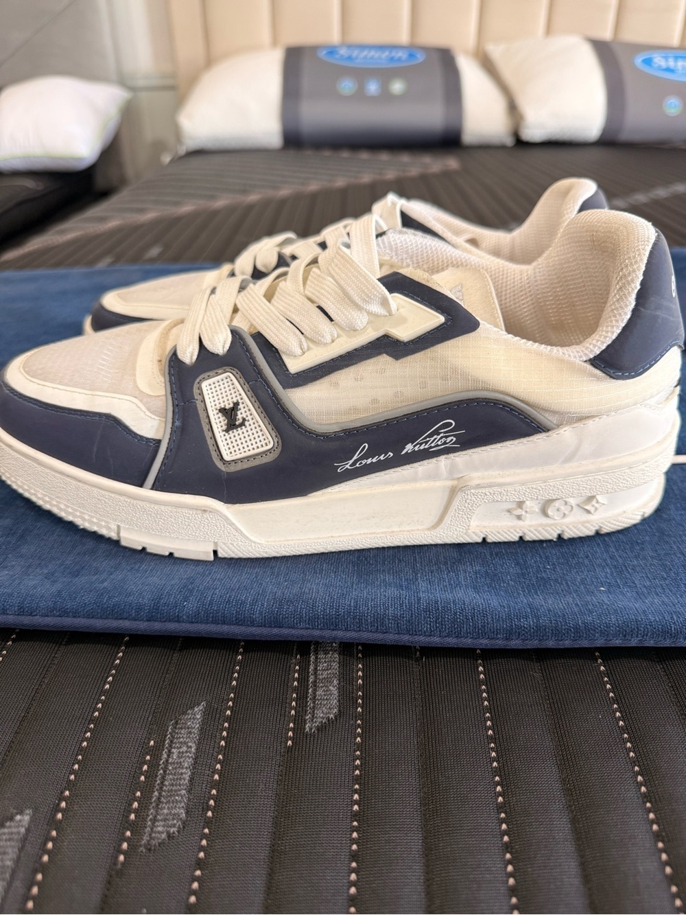 Louis Vuitton Men's Cream and Navy Low-Top Sneakers